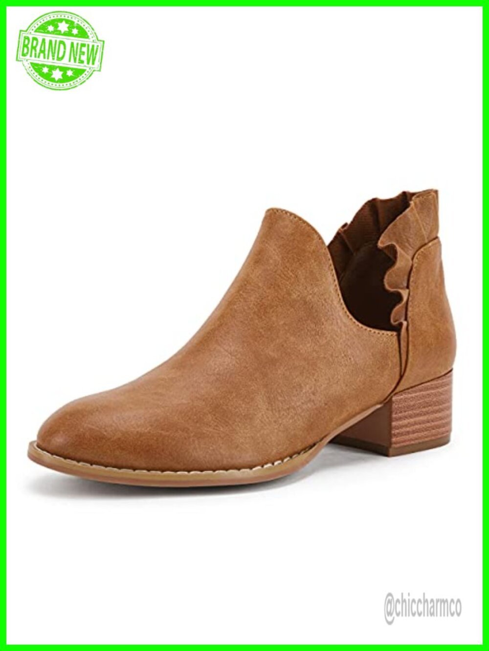 Ruffled Ankle Boots V Cut Out Pointed Toe Chunky Low Heel Western Booties